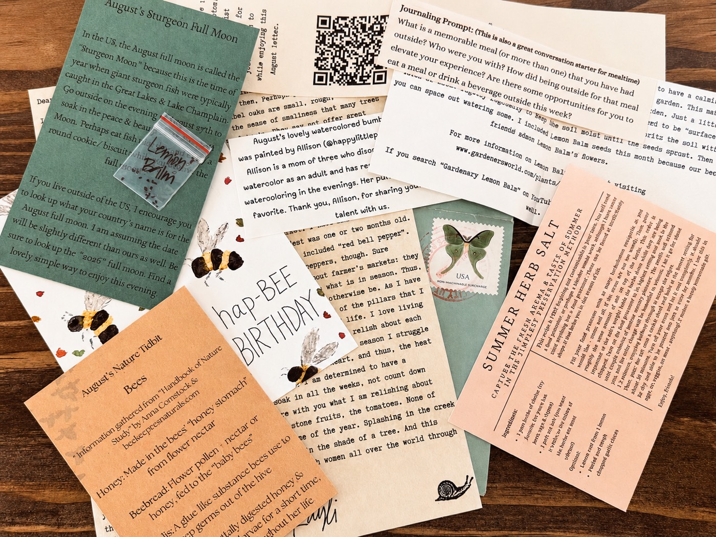 A handwritten Moss & Mail letter with seed packet, recipe card and wax seal — monthly snail mail subscription — Moss & Mail